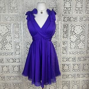 La Femme Purple Chiffon Flowy Bow V Neck Sleeveless Event Cocktail Dress Sz XS